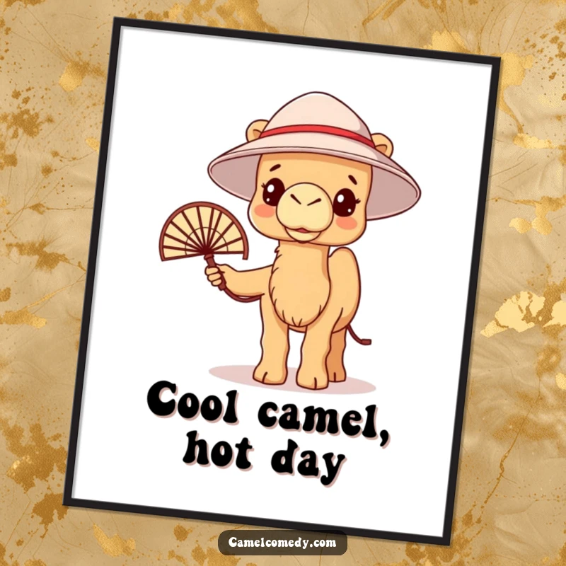 Funny Free Printable Wall Art: A kawaii camel in a bucket hat fans itself, looking warm and seeking relief.