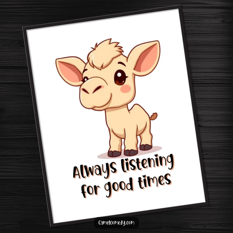 Funny Free Printable Wall Art: A curious Kawaii camel with large ears tilted, head cocked, listening intently.
