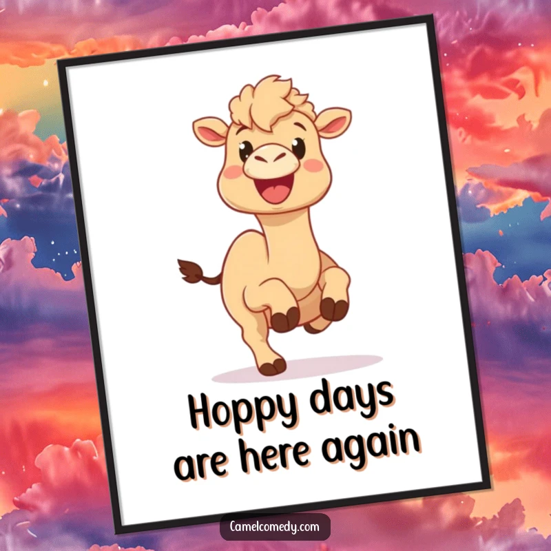 Funny Free Printable Wall Art: A camel with a wide, ecstatic smile captured mid-hop, full of silly energy.