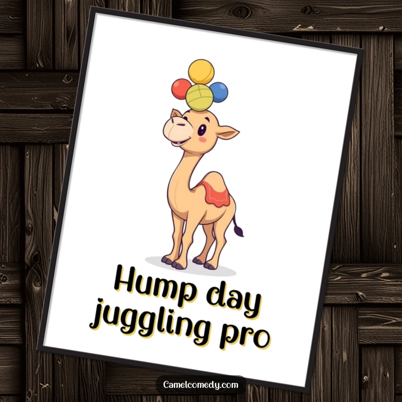Funny Free Printable Wall Art: Cheerful camel balancing a stack of colorful juggling balls on its hump.