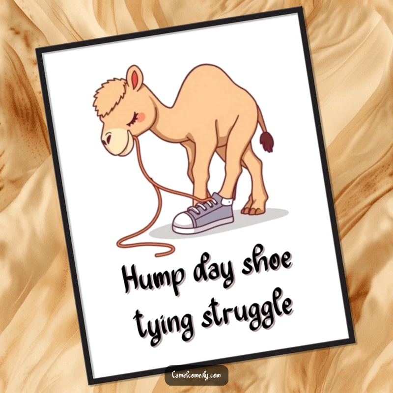 Funny Free Printable Wall Art: A camel hilariously bending over to tie a comically oversized shoelace on its foot, creating a funny scene.