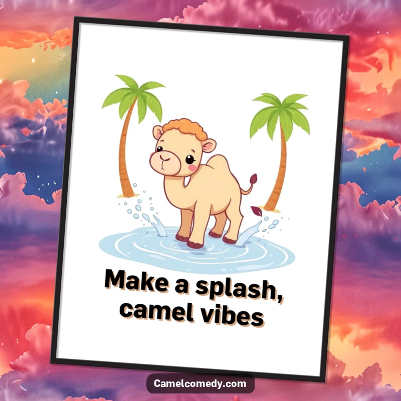 Funny Free Printable Wall Art: Adorable kawaii camel joyfully splashing water from a tiny oasis, bringing desert fun indoors.