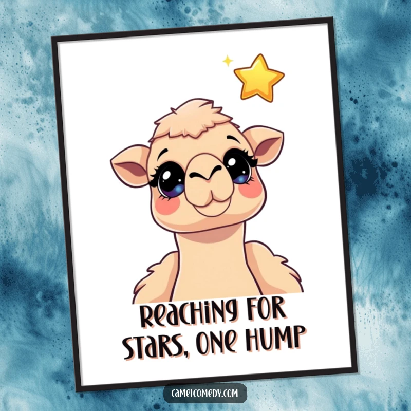 Funny Free Printable Wall Art: Camel with sparkling eyes looking up in awe at a bright, floating cartoon star.