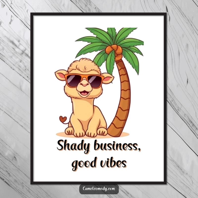 Funny Free Printable Wall Art: A kawaii camel wearing cool sunglasses peeks playfully from behind a lush palm tree.