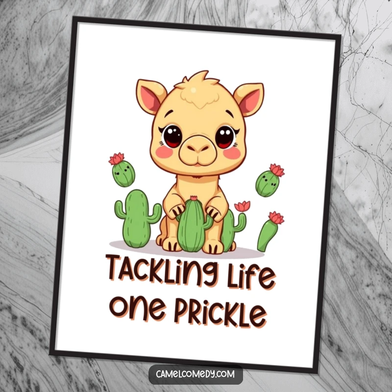Funny Free Printable Wall Art: A kawaii camel wide-eyed, impressively juggling three small, prickly cacti with flair.