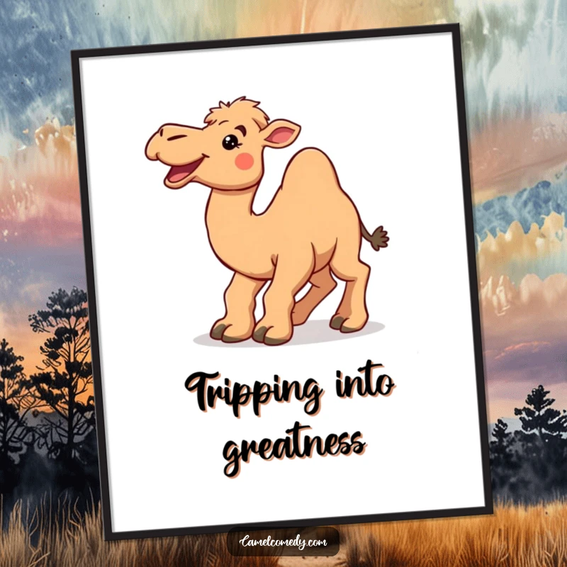 Funny Free Printable Wall Art: Delighted camel tripping over its own large feet with a wide smile.