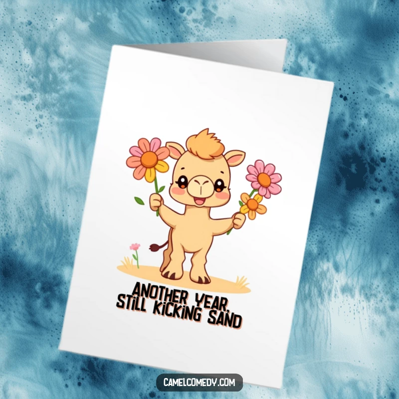 Funny Free Printable Birthday Card: A cartoon camel joyfully juggles vibrant desert flowers, ready to wish someone a happy birthday.