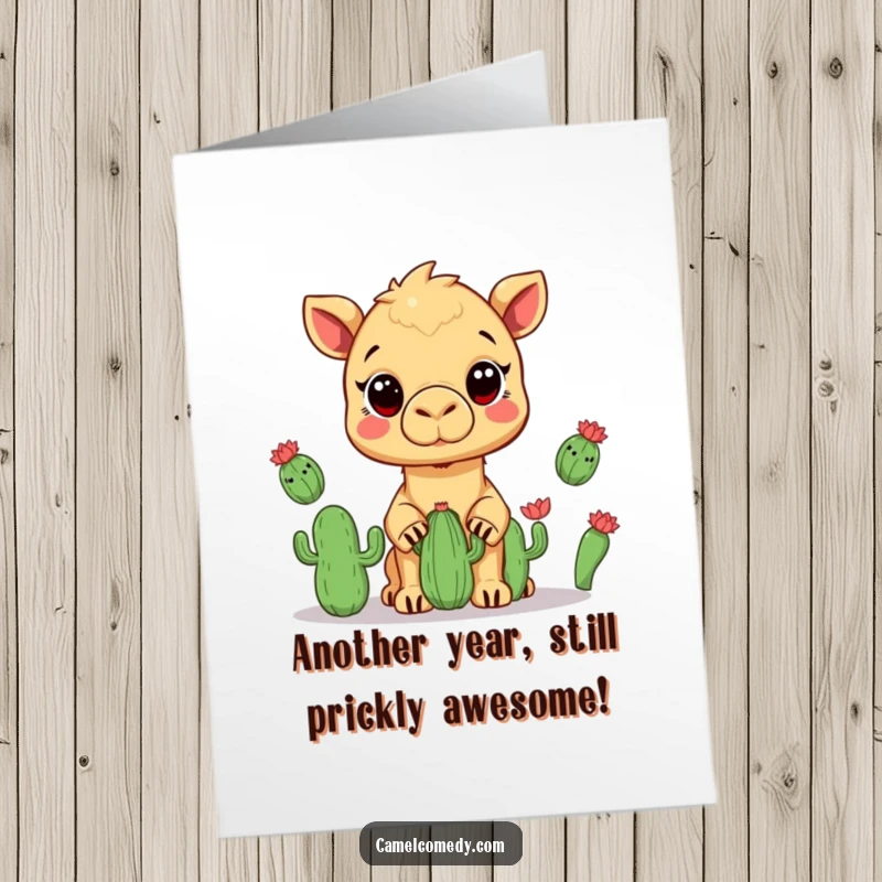 Funny Free Printable Birthday Card: Kawaii camel with wide eyes precariously juggling three small, spiky cacti.