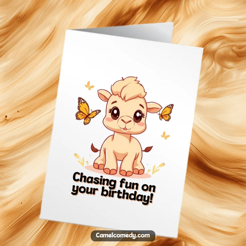 Funny Free Printable Birthday Card: A cute camel with wide eyes joyfully chases a colorful butterfly through a meadow.