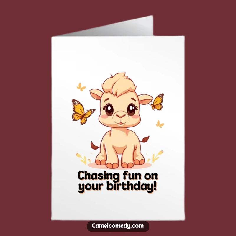 Free Printable Birthday Card: Camel Butterfly Chase - Funny DIY Downloadable Gift