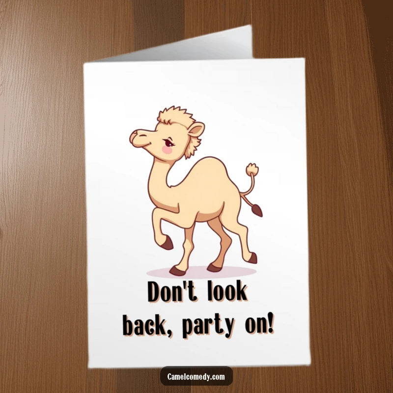 Funny Free Printable Birthday Card: Camel mid-stride, one leg up, glancing back with a cheeky wink.