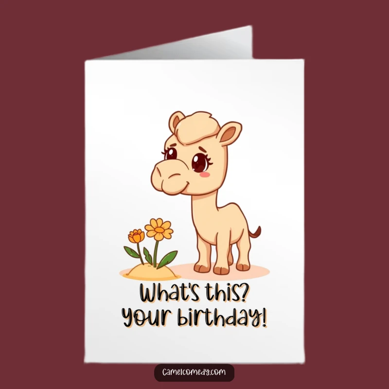 Free Printable Birthday Card: Bewildered Camel & Flower, Quirky Digital Surprise!