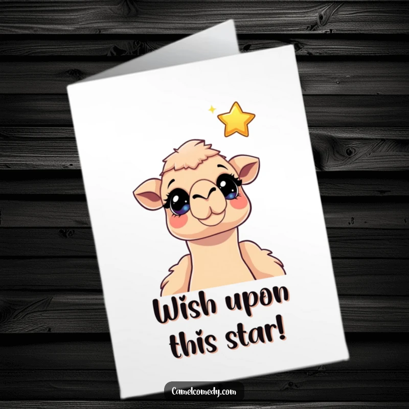 Funny Free Printable Birthday Card: Camel with wide, sparkling eyes gazing dreamily at a floating cartoon star.