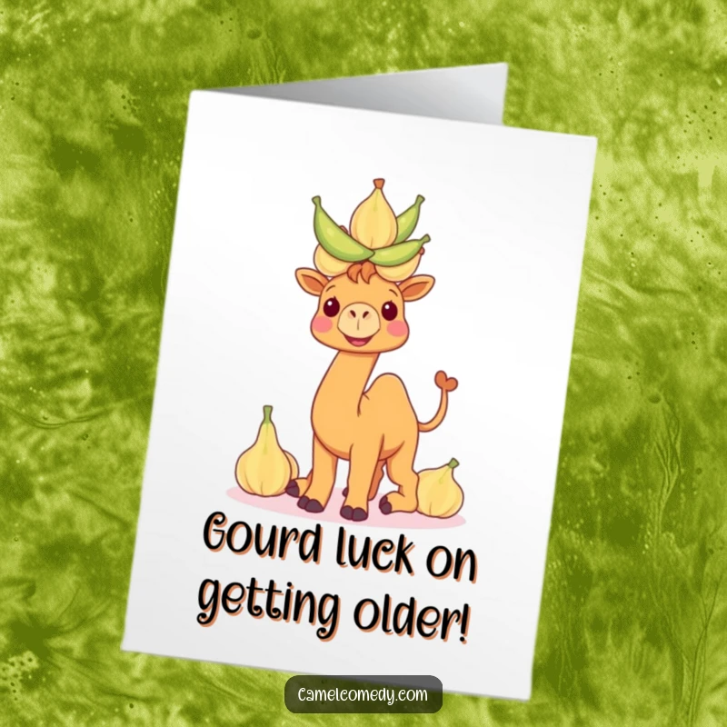 Funny Free Printable Birthday Card: Camel grinning wide, expertly balancing a tall tower of water gourds.
