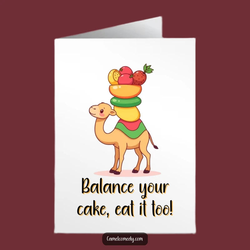 Free Printable Birthday Card: Funny Kawaii Camel Fruit Stack Greeting, Joyful Downloadable Gift