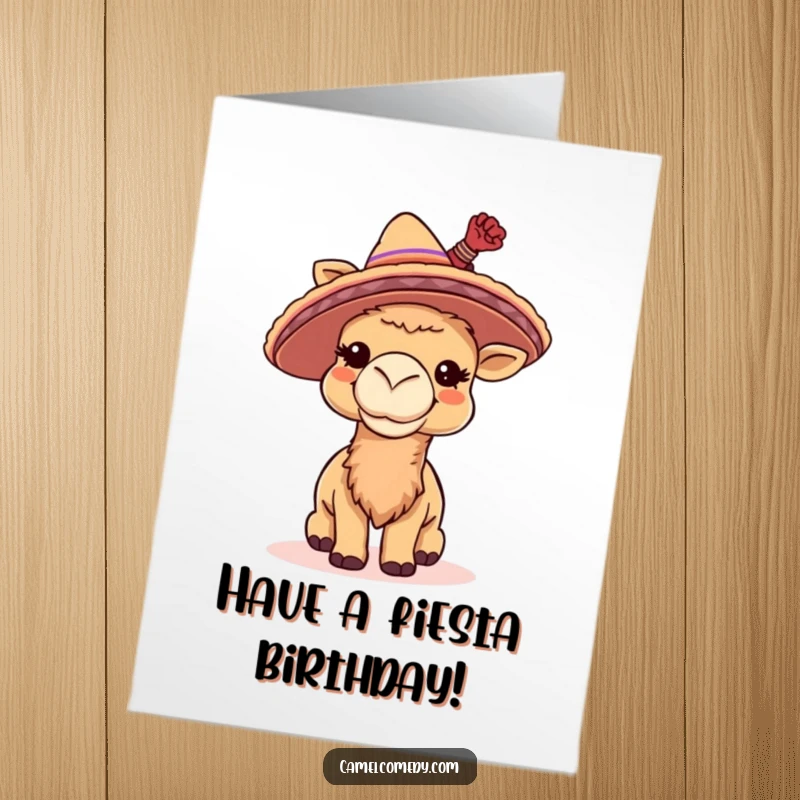 Funny Free Printable Birthday Card: A camel giggling while wearing a tiny sombrero and tipping it cheekily.