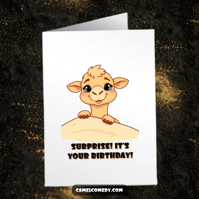 Funny free printable birthday card featuring a camel with a goofy grin playfully peeking from behind a sand dune.