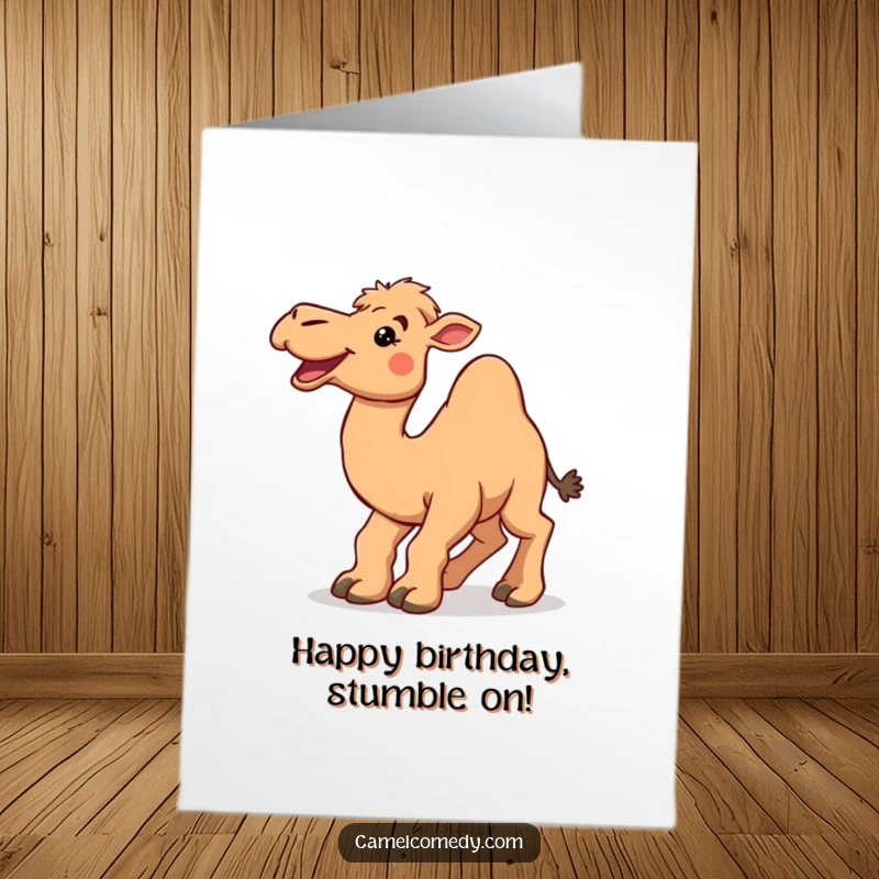 Funny Free Printable Birthday Card: Delighted camel tripping over its own large feet with a wide smile.