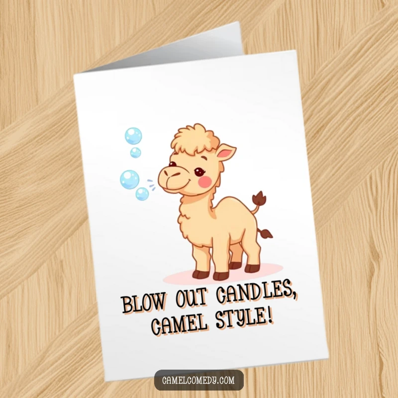 Funny Free Printable Birthday Card: Tiny camel gleefully blowing a stream of iridescent, sparkly bubbles.