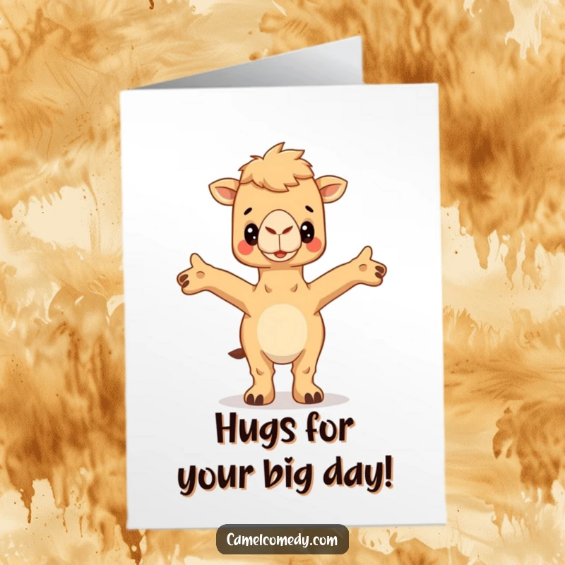 Funny Free Printable Birthday Card: A camel opens its arms wide, eagerly awaiting a birthday hug.