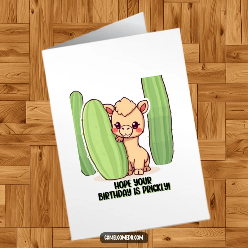 Funny Free Printable Birthday Card: A kawaii camel peeks shyly from behind a large cactus, adding a playful touch.