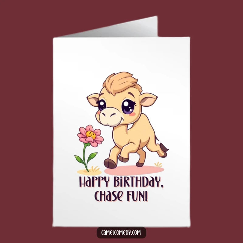 Free Printable Birthday Card: Playful Camel Flower Chase, Perfect Downloadable Humorous Gift