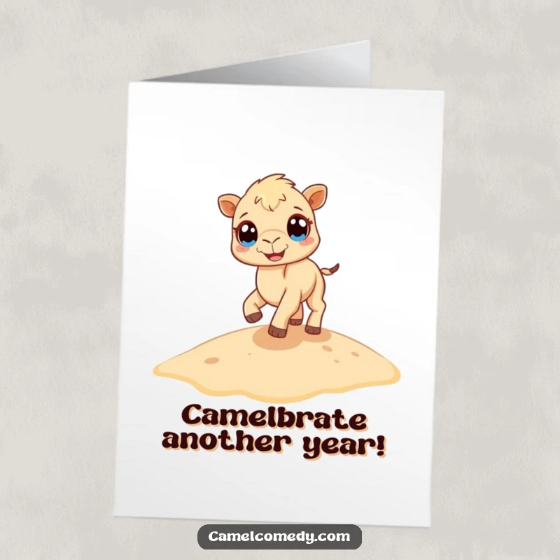 Funny Free Printable Birthday Card featuring a tiny camel with big eyes joyfully bouncing on a sand dune, ready to bring laughter.