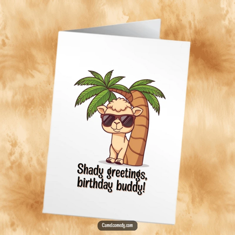 Funny Free Printable Birthday Card: Kawaii camel in sunglasses peeking playfully from behind a lush palm tree.