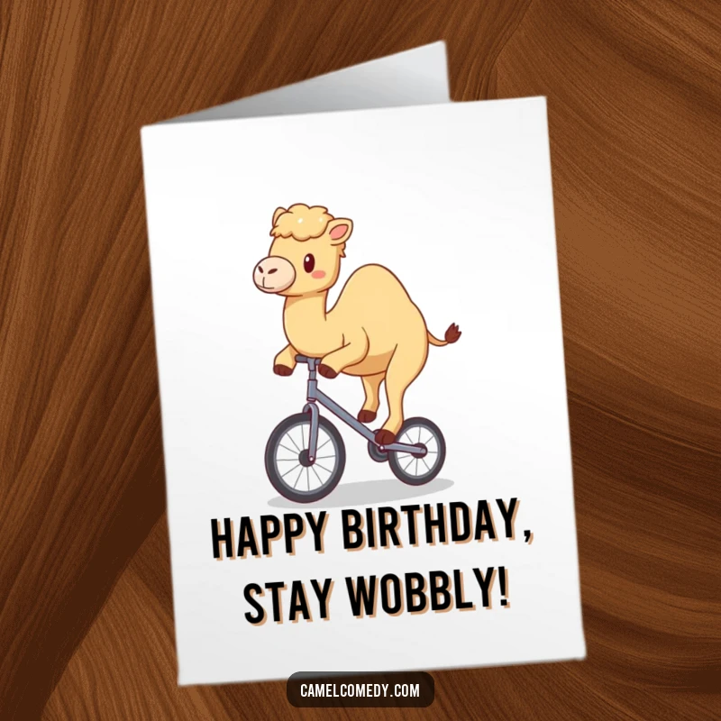Funny Free Printable Birthday Card: Kawaii camel happily wobbling while attempting to balance on a tiny unicycle.