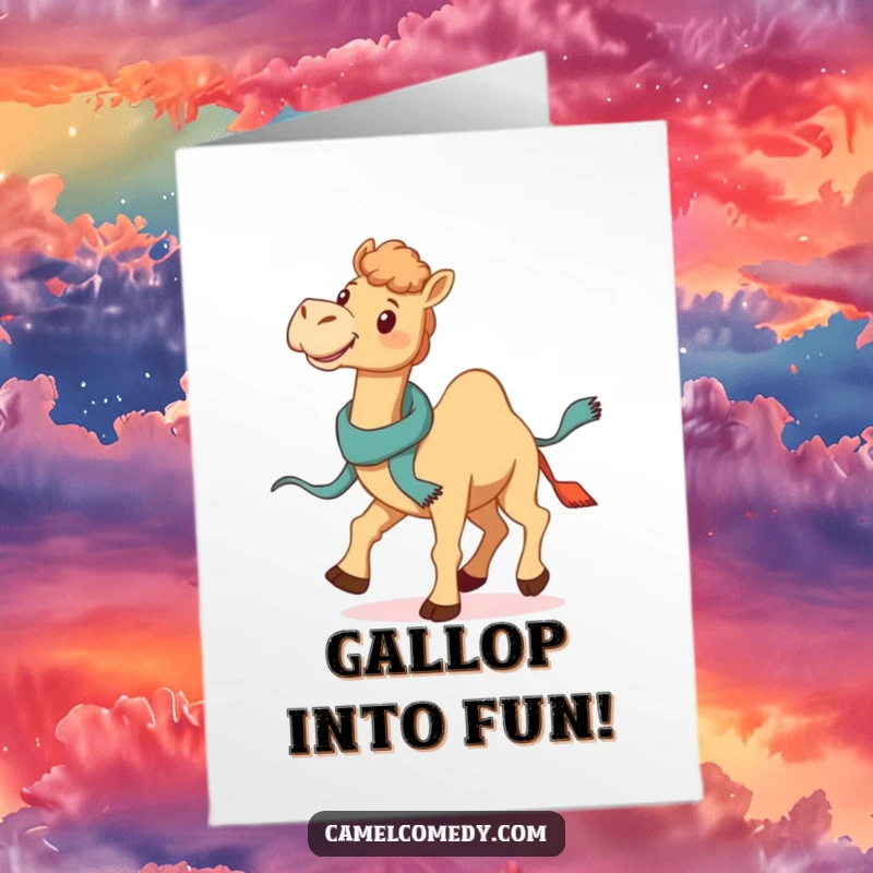 Funny Free Printable Birthday Card: A smiling camel gallops joyfully, a jaunty scarf trailing, wishing a happy birthday.