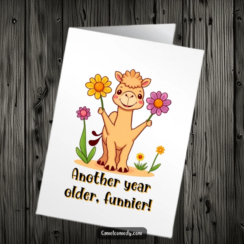 Funny Free Printable Birthday Card: A cute camel happily juggles three colorful desert flowers, perfect for a cheerful greeting.