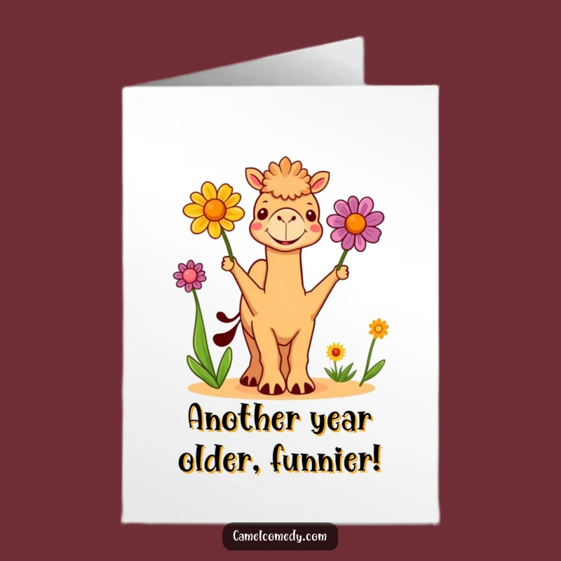Free Printable Juggling Camel Birthday Card: Funny Downloadable Gift for Her