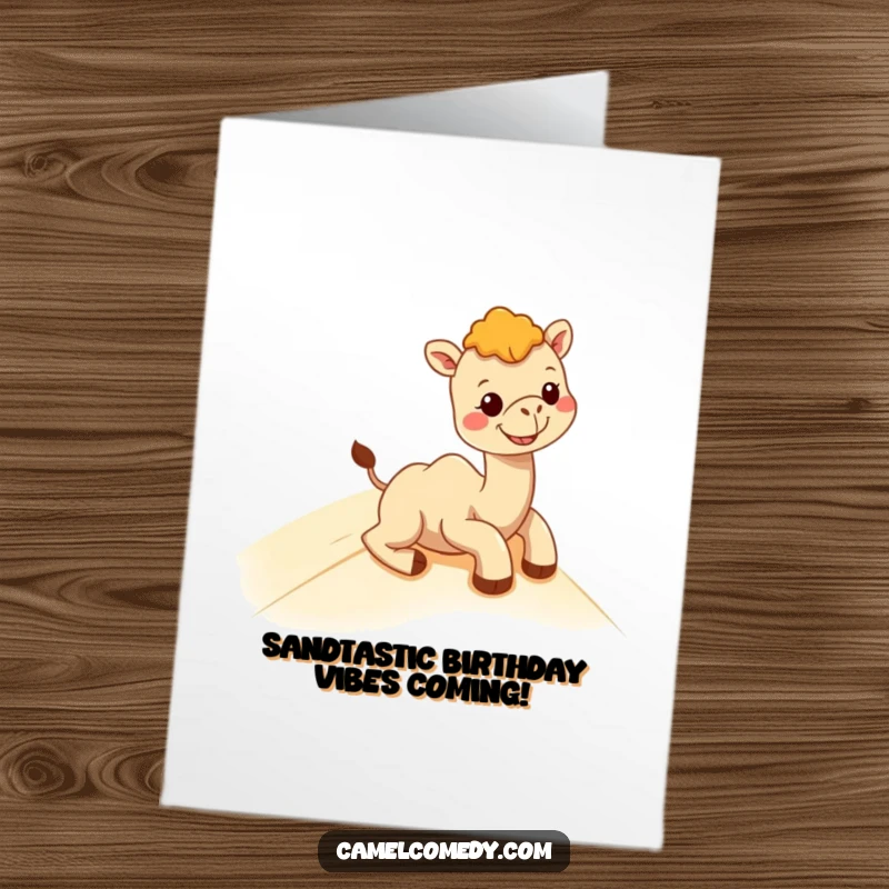 Funny Free Printable Birthday Card: Kawaii camel gleefully sliding down a sandy dune with a huge, happy grin.