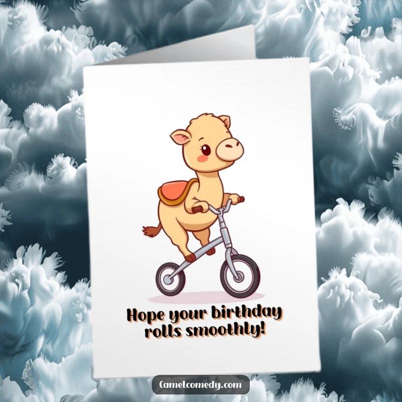 Funny Free Printable Birthday Card: A kawaii camel hilariously wobbles while trying to ride a very small unicycle.