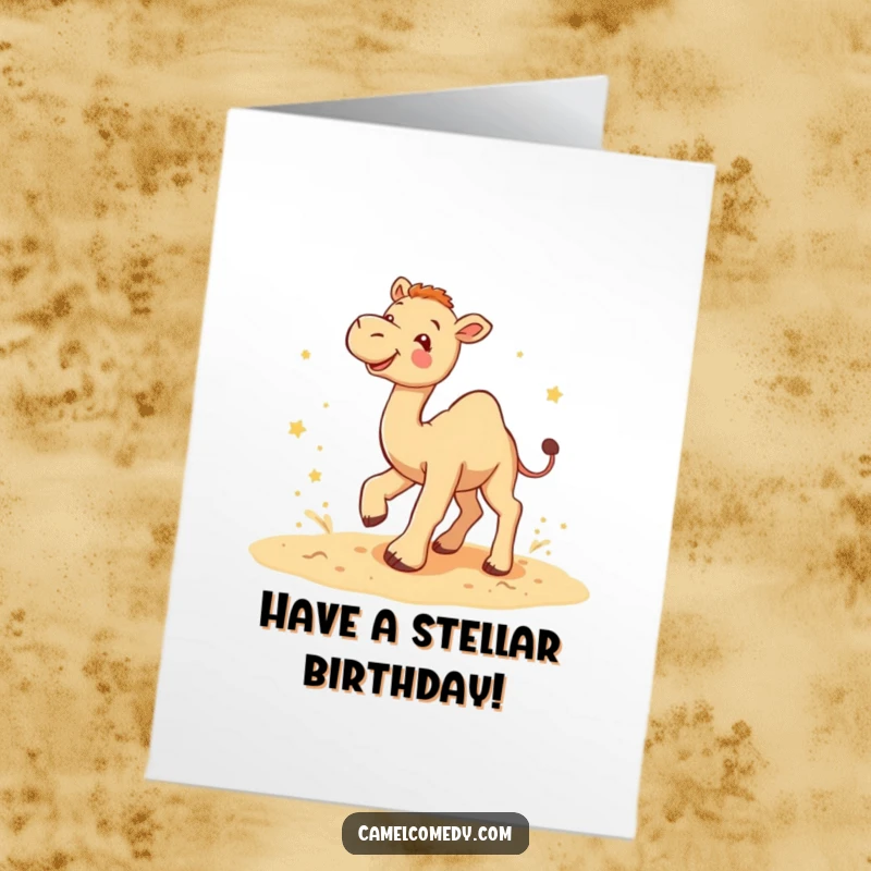 Funny Free Printable Birthday Card: A playful camel kicks up sand with glee, surrounded by tiny stars, celebrating joyfully.