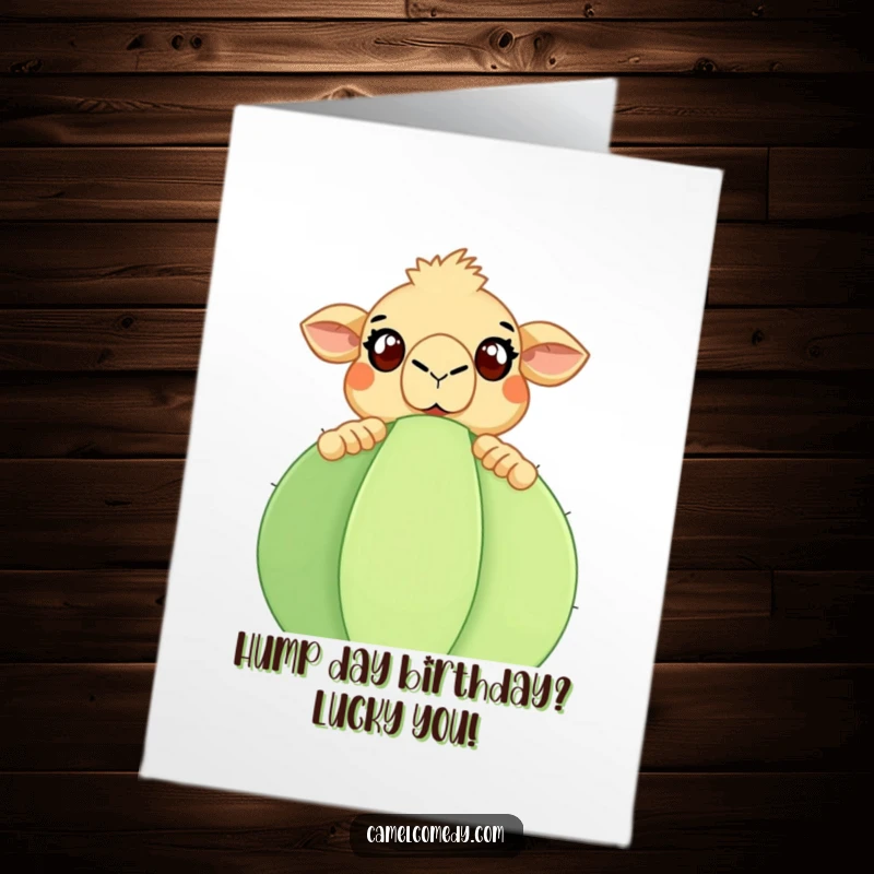 Funny Free Printable Birthday Card: A camel with wide eyes, surprised while peeking over a giant cactus. Wow!