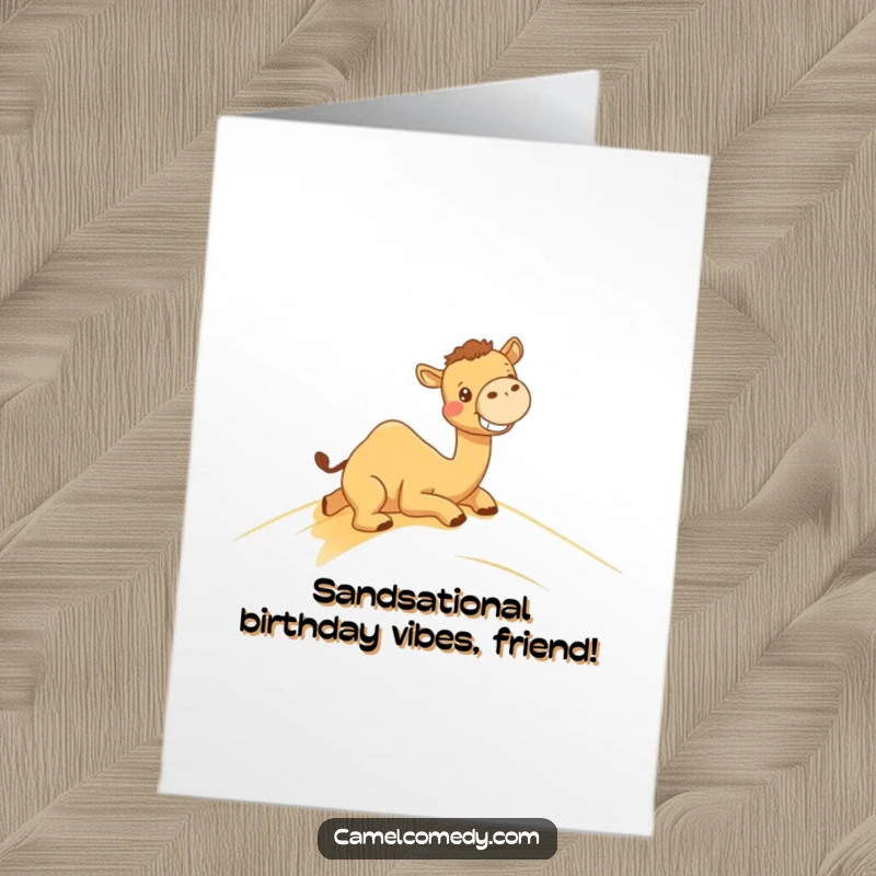 Funny Free Printable Birthday Card: Kawaii camel joyfully sliding down a sandy dune with a massive grin.