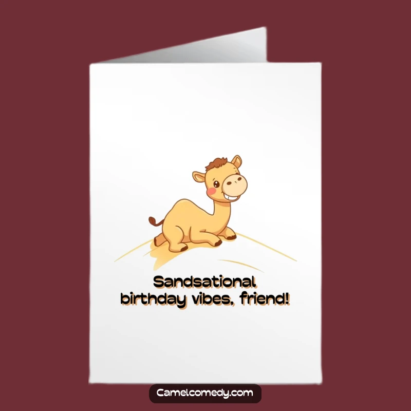 Free Printable Funny Birthday Card: Kawaii Camel Sand Surfing Grin Download