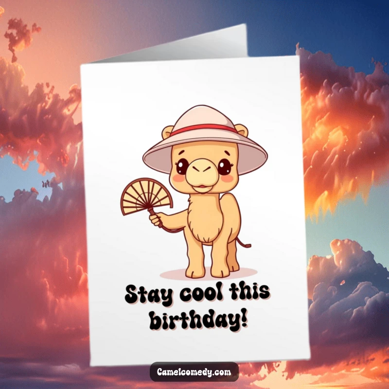 Funny Free Printable Birthday Card: A kawaii camel in a bucket hat fans itself, looking warm and wishing a happy birthday.