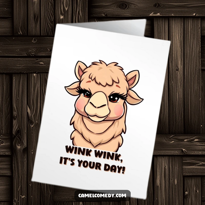 Funny Free Printable Birthday Card featuring a camel with huge eyelashes winking playfully, sending a cheeky birthday greeting.