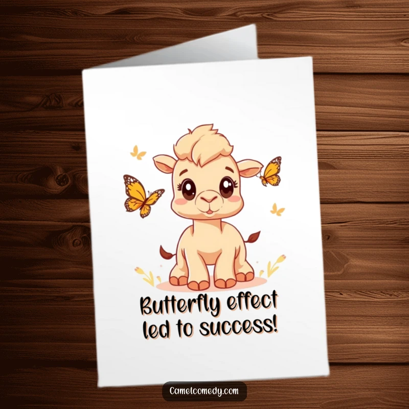 Funny Free Printable Congratulations Card: A camel with eager, wide eyes pursues a fluttering butterfly, symbolizing dreams.
