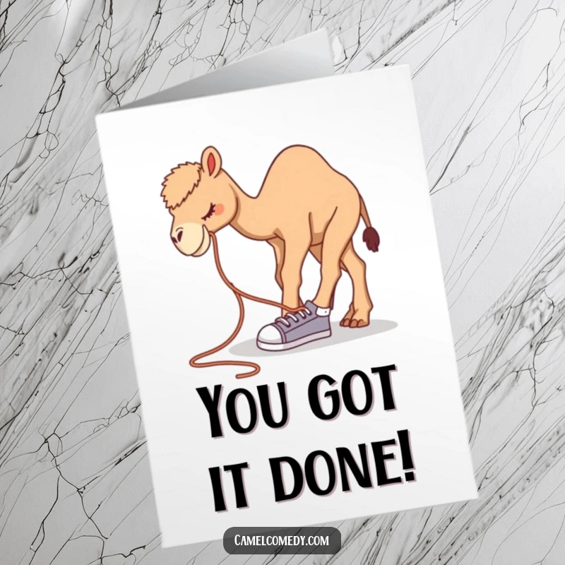 Funny Free Printable Congratulations Card: A camel comically bending to tie an enormous shoelace, symbolizing overcoming a silly obstacle.