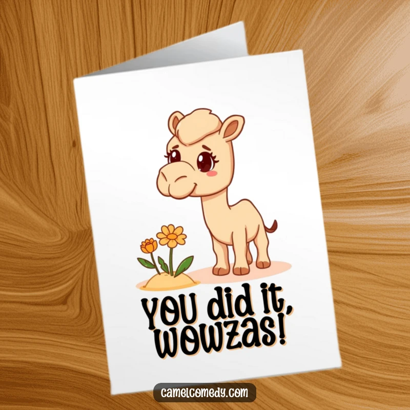 Funny Free Printable Congratulations Card: A camel displays confusion while observing a misplaced desert bloom, perfect for congrats.