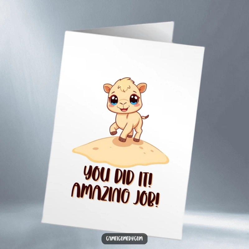 Funny Free Printable Congratulations Card showing a tiny camel with large eyes bouncing happily on a sand dune, celebrating success.