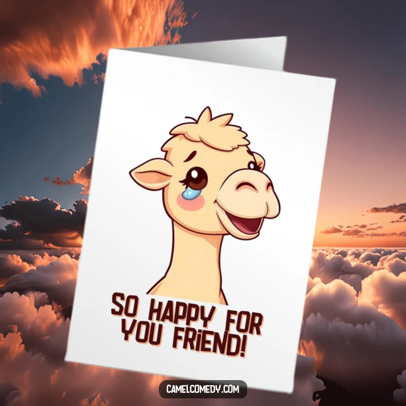 Free Printable Congratulations Card: A delighted camel with eyes closed, a single tear of pure joy streaming down its face.