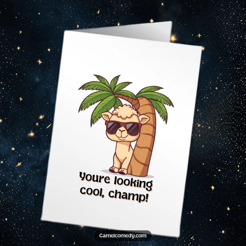 Funny Free Printable Congratulations Card: Kawaii camel wearing sunglasses, peeking from behind a palm tree, celebrating success.