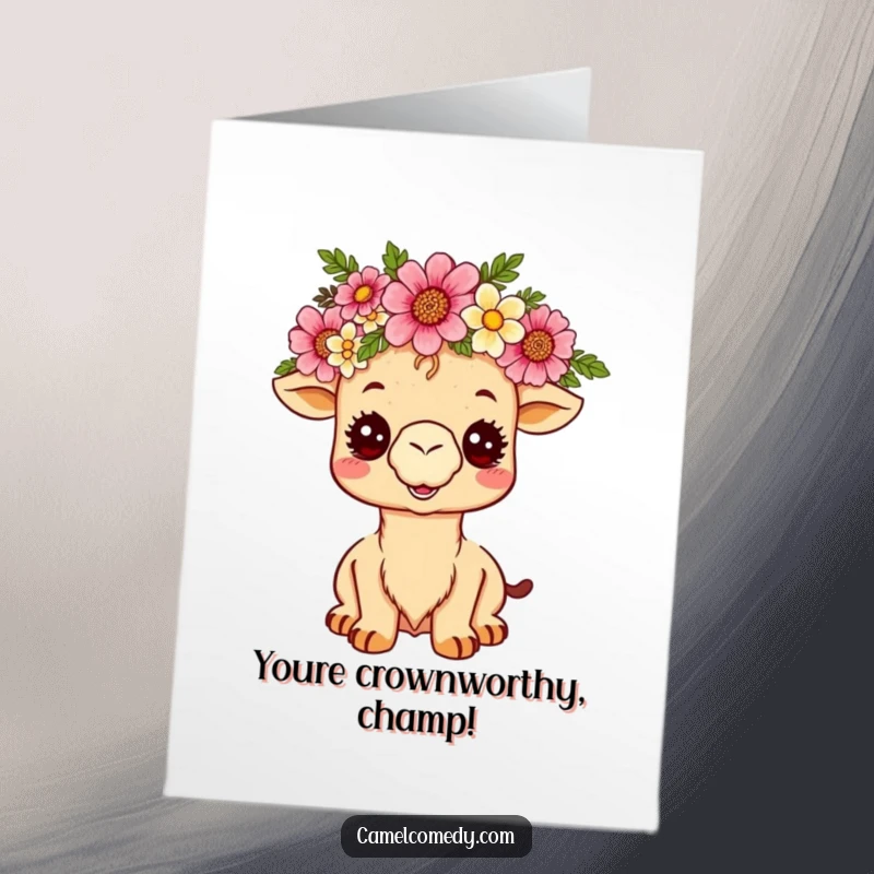 Funny free printable congratulations card: A kawaii camel wearing a crown of desert flowers beams proudly, celebrating a great accomplishment.