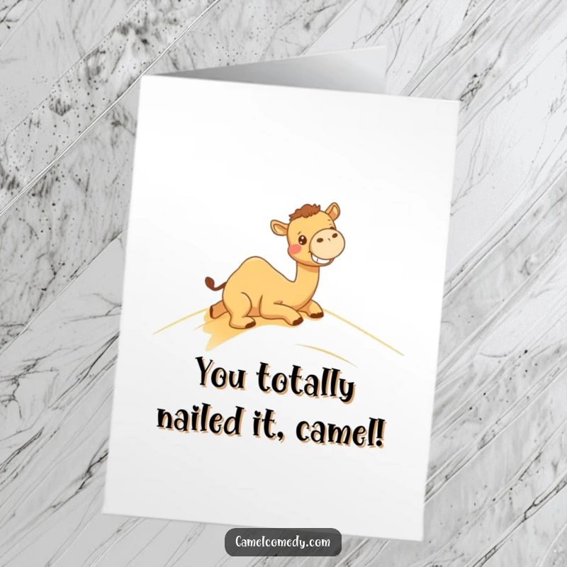Funny Free Printable Congratulations Card: Kawaii camel gleefully sliding down a sand dune signalling a big win.