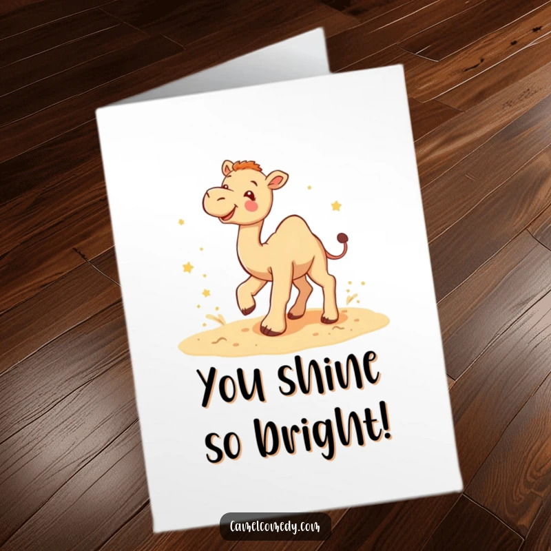 Funny Free Printable Congratulations Card: A gleeful camel kicks up sand amid tiny stars, celebrating success with energy.