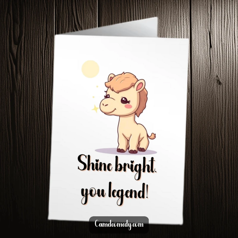 Funny Free Printable Congratulations Card: A camel curiously sniffs a magical moonbeam, perfect for celebrating big wins.